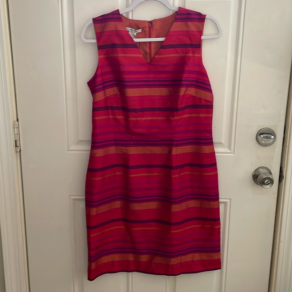 JILLIAN JONES Silk Sheath Dress 8 V-Neck Stripes Pink Orange Purple NWT